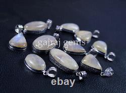 10 Pieces Natural African Moonstone Gemstone 925 Solid Silver Designer Pendants