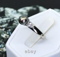 10K White Gold Gray Pearl & Clear Stone Ring SOLID GOLD