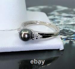 10K White Gold Gray Pearl & Clear Stone Ring SOLID GOLD