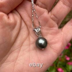 11.5-12mm round Grey Black Tahitian Pearl S925 Silver Pendant high luster TH54