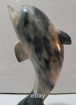 11'' Carved Marble Natural Stone Dolphin Whale Statue Gray White Ocean Fish