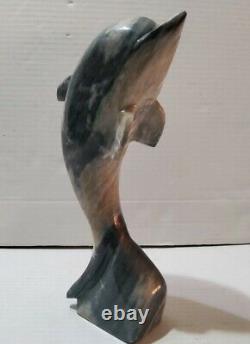 11'' Carved Marble Natural Stone Dolphin Whale Statue Gray White Ocean Fish