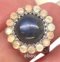 12 mm. Gray-Rainbow Labradolite & White Opal Ring Silver 925 Sterling
