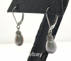 14K White Gold White Gray Briolette Pearl Diamond Accent Drop Dangle Earrings