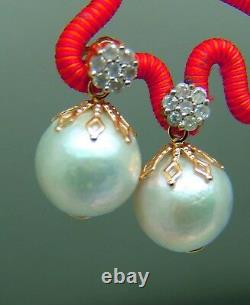 14k Gold Gray Diamond Cluster South Sea Pearl Earrings