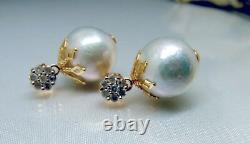 14k Gold Gray Diamond Cluster South Sea Pearl Earrings