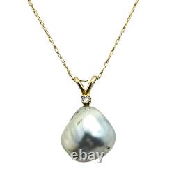 14k Solid Yellow Gold Natural Sea Gray Pearl & Diamond Pendant & 18 14k Chain