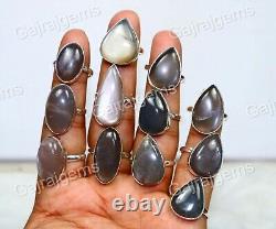 15 PCs Natural Gray Moonstone Gemstone 925 Sterling Silver Bezel Adjustable Ring