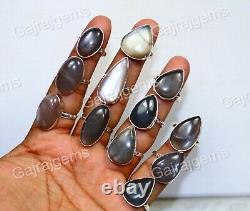 15 PCs Natural Gray Moonstone Gemstone 925 Sterling Silver Bezel Adjustable Ring