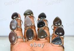 15 PCs Natural Gray Moonstone Gemstone 925 Sterling Silver Bezel Adjustable Ring