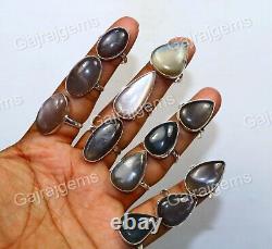 15 PCs Natural Gray Moonstone Gemstone 925 Sterling Silver Bezel Adjustable Ring