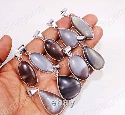 15 PCs Natural Gray Moonstone Gemstone 925 Sterling Silver Bezel Pendant Jewelry