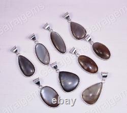 15 PCs Natural Gray Moonstone Gemstone 925 Sterling Silver Bezel Pendant Jewelry