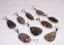 15 PCs Natural Gray Moonstone Gemstone 925 Sterling Silver Bezel Pendant Jewelry