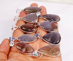 15 PCs Natural Gray Moonstone Gemstone 925 Sterling Silver Bezel Pendant Jewelry