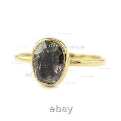 18K Solid Yellow Gold Real Oval Salt & Pepper Diamond Ring Fine Wedding Jewelry