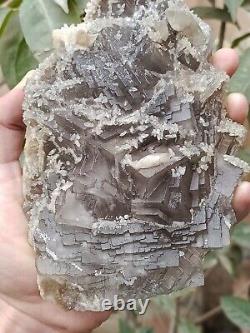 1kg Natural Stone Grey Fluorite Specimen On Matrix With Calcite Vintage Specimen