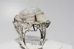 $8,500 12.24ct Natural Opal & Diamond Hand Carved Turtle Ring 14k White Gold