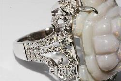 $8,500 12.24ct Natural Opal & Diamond Hand Carved Turtle Ring 14k White Gold