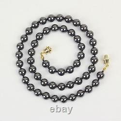 8mm Hematite Necklace Hand Knotted Natural Haematite 8 mm Grey Beads Gray