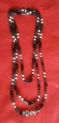 94in Long Pearl Hematite Obsidian Strand Precious Stone Necklace NBW Hand Made