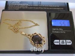 9ct Gold Smokey Quartz Pendant on 19 9ct Gold Fine Figaro Chain Necklace 5.5g