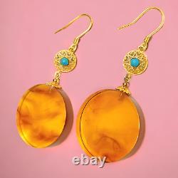 Amber Round Dangle Earrings 925 STERLING SILVER Nature Gemstone Jewelry gift