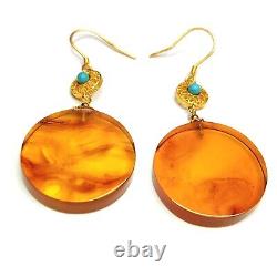 Amber Round Dangle Earrings 925 STERLING SILVER Nature Gemstone Jewelry gift