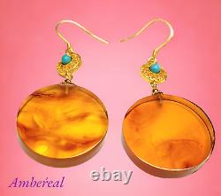 Amber Round Dangle Earrings 925 STERLING SILVER Nature Gemstone Jewelry gift