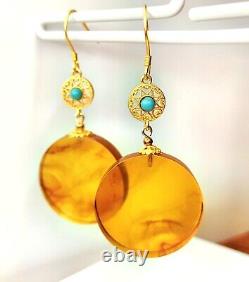 Amber Round Dangle Earrings 925 STERLING SILVER Nature Gemstone Jewelry gift