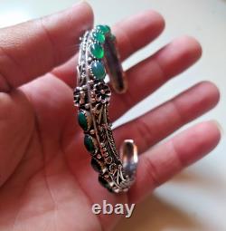 Ancient Vintage Victorian Sterling Silver Bracelet Cuff Natural Green Jade Stone