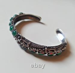 Ancient Vintage Victorian Sterling Silver Bracelet Cuff Natural Green Jade Stone