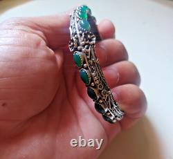 Ancient Vintage Victorian Sterling Silver Bracelet Cuff Natural Green Jade Stone