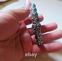 Ancient Vintage Victorian Sterling Silver Bracelet Cuff Natural Green Jade Stone