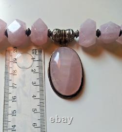 Ancient Vintage Victorian Sterling Silver Pendant Necklace Rose Quartz Stone