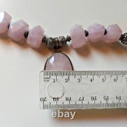 Ancient Vintage Victorian Sterling Silver Pendant Necklace Rose Quartz Stone