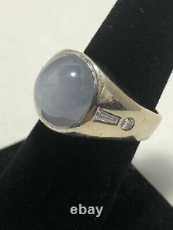 Antique Art Deco 14k White Gold Gray Cabochon Star Sapphire & Diamonds Ring