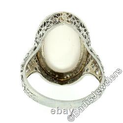 Antique Art Deco 14k White Gold Oval Blue Gray Moonstone Solitaire Filigree Ring