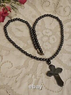 Antique Natural Hematite Gemstone Cross Pendant Bead Necklace RARE