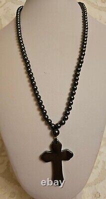 Antique Natural Hematite Gemstone Cross Pendant Bead Necklace RARE