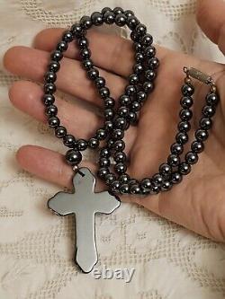 Antique Natural Hematite Gemstone Cross Pendant Bead Necklace RARE