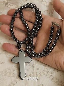 Antique Natural Hematite Gemstone Cross Pendant Bead Necklace RARE