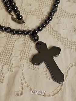 Antique Natural Hematite Gemstone Cross Pendant Bead Necklace RARE