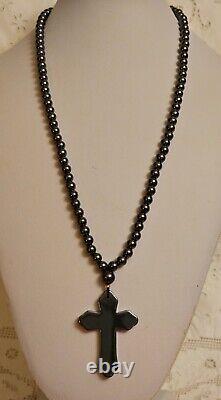 Antique Natural Hematite Gemstone Cross Pendant Bead Necklace RARE