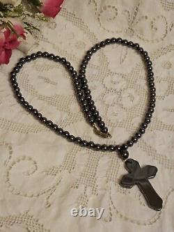 Antique Natural Hematite Gemstone Cross Pendant Bead Necklace RARE