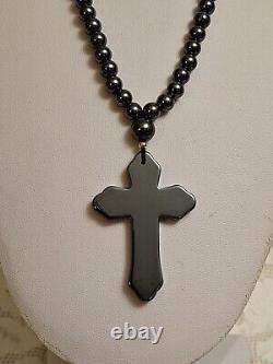 Antique Natural Hematite Gemstone Cross Pendant Bead Necklace RARE