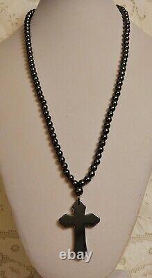 Antique Natural Hematite Gemstone Cross Pendant Bead Necklace RARE