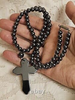 Antique Natural Hematite Gemstone Cross Pendant Bead Necklace RARE