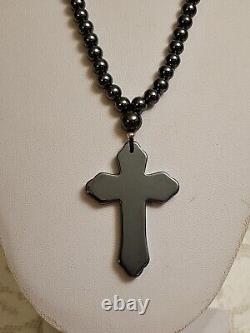 Antique Natural Hematite Gemstone Cross Pendant Bead Necklace RARE