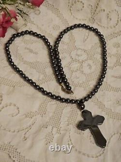 Antique Natural Hematite Gemstone Cross Pendant Bead Necklace RARE